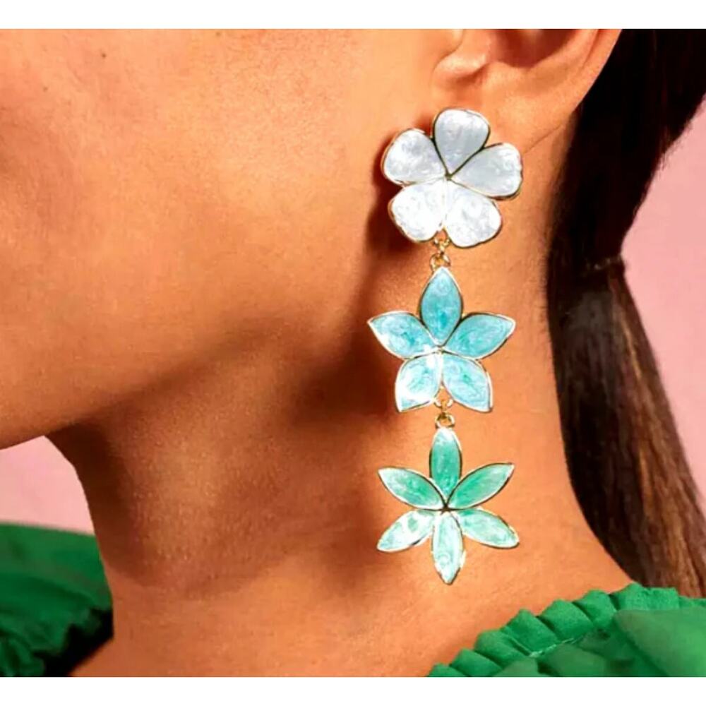 Baublebar Teal Green & Gold Tropical Hibiscus Flower Drop Earrings Post Back